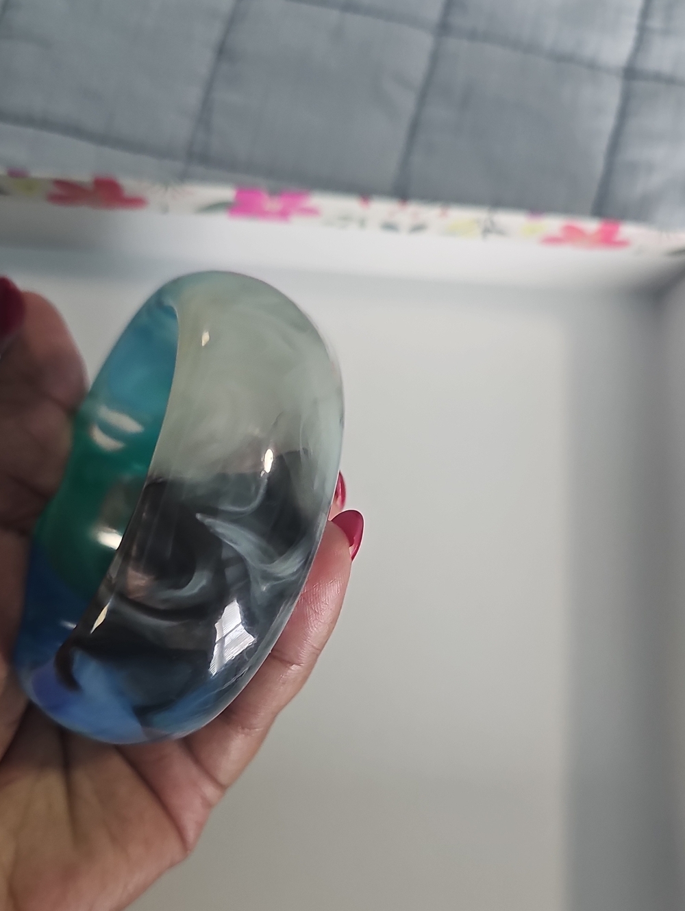 Handcrafted Blue-Green Resin Bangle Bracelet - Picture 3 of 3